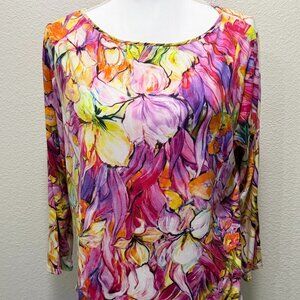 Peck and Peck purple floral pullover blouse, 3/4 length sleeves, XL